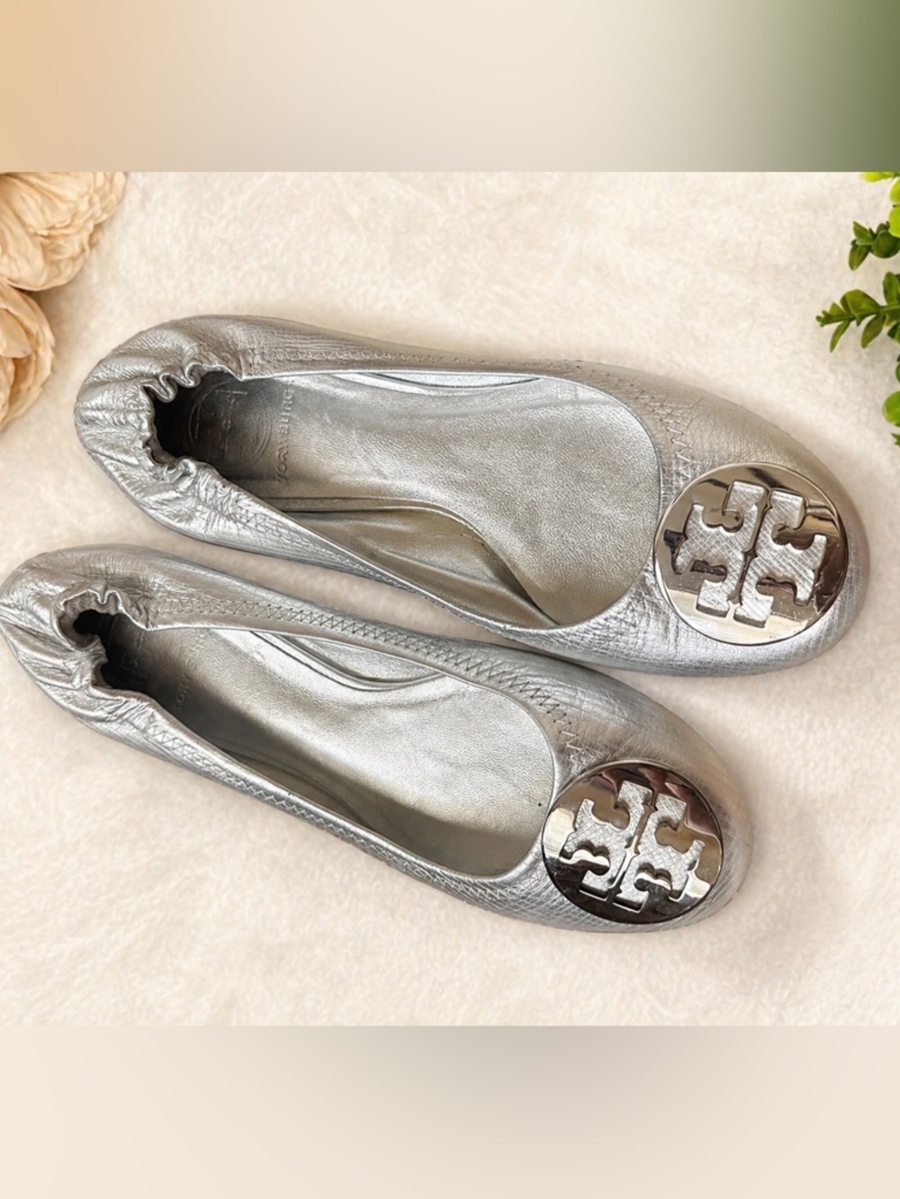 Tory Burch Metallic Silver Logo Ballet Flats